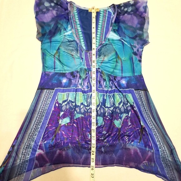 Live and let live Womens Top PM Petite Medium Blue Purple Butterfly Cap Sleeve - Picture 6 of 12